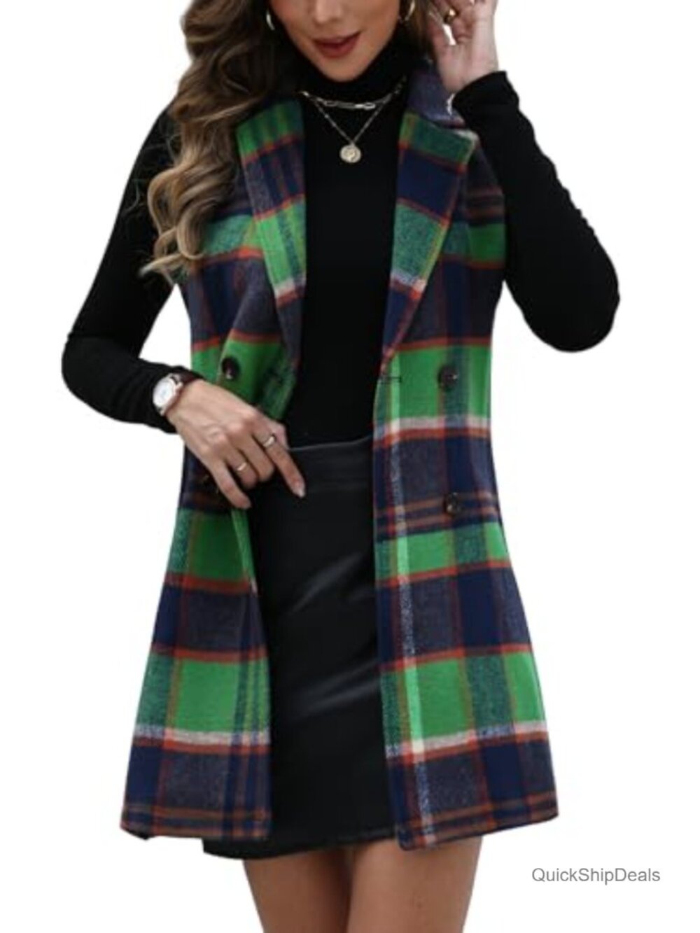 ELLEVEN Sleeveless Tweed Plaid Long Vest Top